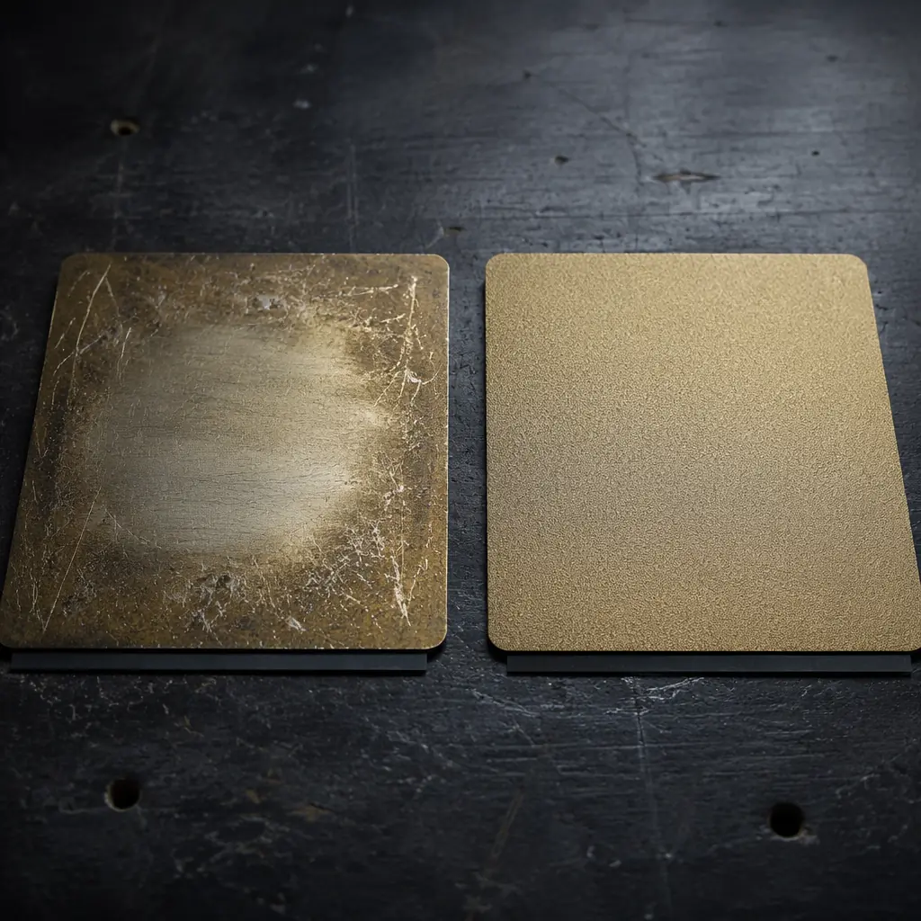 Macro close-up of a worn PEI print surface next to a brand new one on a dark workbench — visible scratches, gouges from scraper damage, and polished-smooth central zone compared to factory-textured replacement sheet