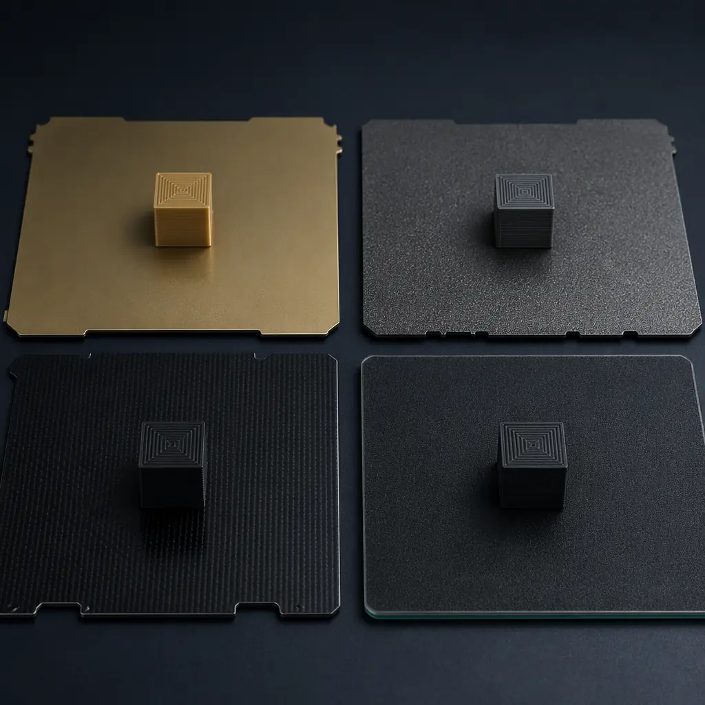 Four different 3D printer build plates arranged side by side on a dark studio surface — smooth gold PEI spring steel sheet, textured dark PEI, black G10 Garolite plate, and carborundum glass bed — each with a printed calibration cube on it