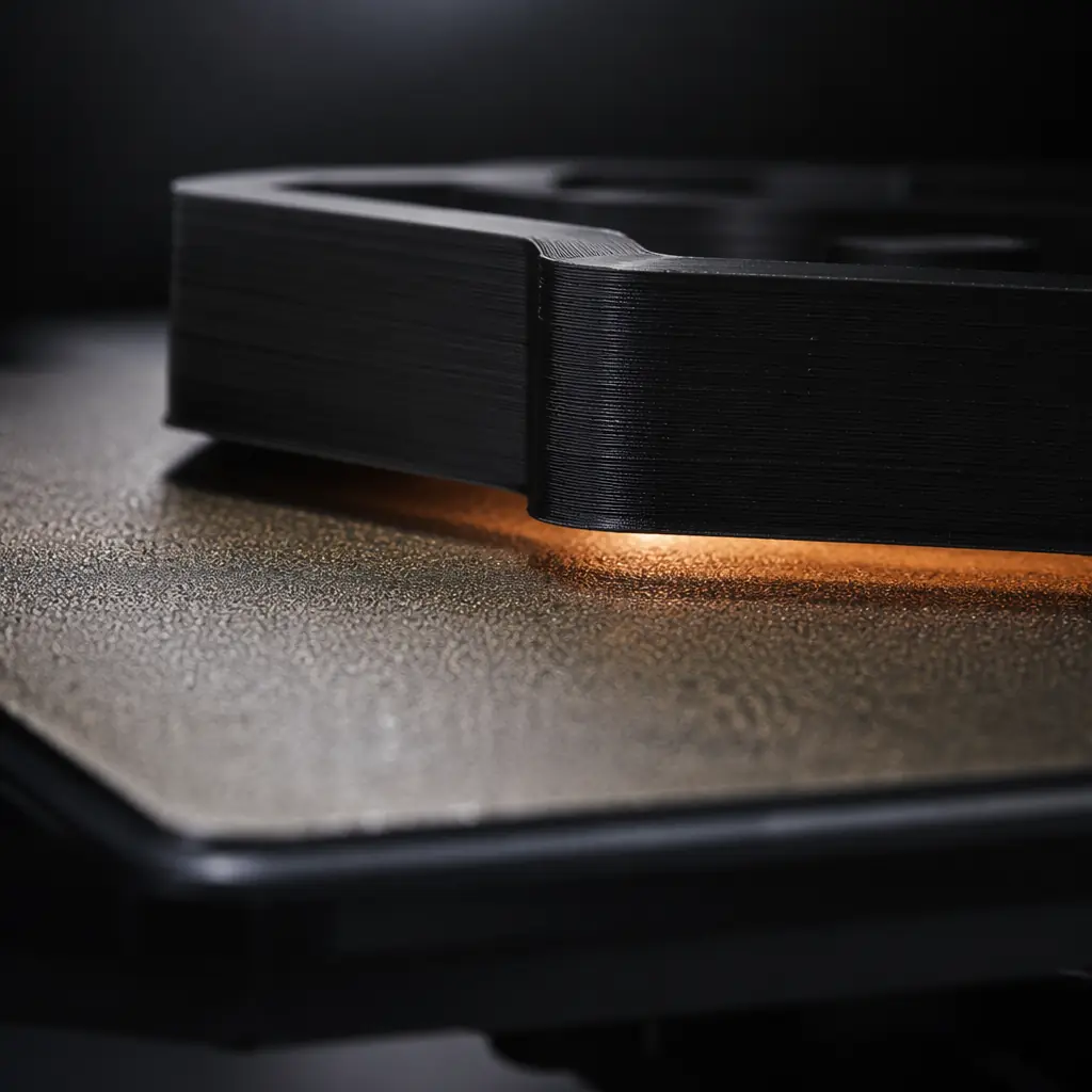Carborundum-coated glass 3D printer bed with a freshly printed black PLA part self-releasing — visible micro-porous surface texture and the gap forming between the cooled print and the bed surface, photographed in warm studio lighting on dark background