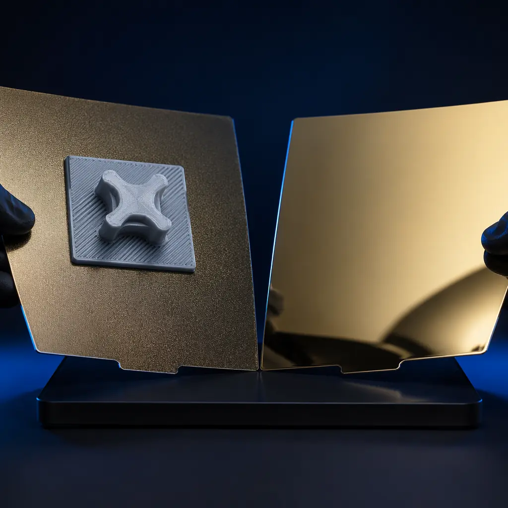 Close-up side-by-side comparison of textured vs smooth PEI spring steel sheets — the textured side showing the fine matte grain pattern and the smooth side showing the mirror-like glossy gold finish, with a PETG print successfully releasing from the textured surface