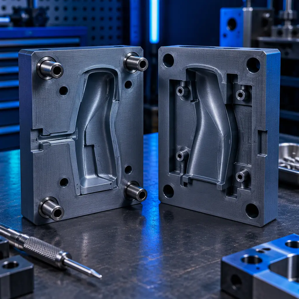 Photorealistic cross-section render of a 3D printed injection mould tool showing runner channel, gate and cooling passages in distinct printed layers