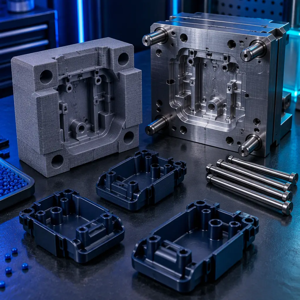 Macro photograph of a 3D printed mould cavity with edge gate cut into the parting plane and ejector pin bores visible