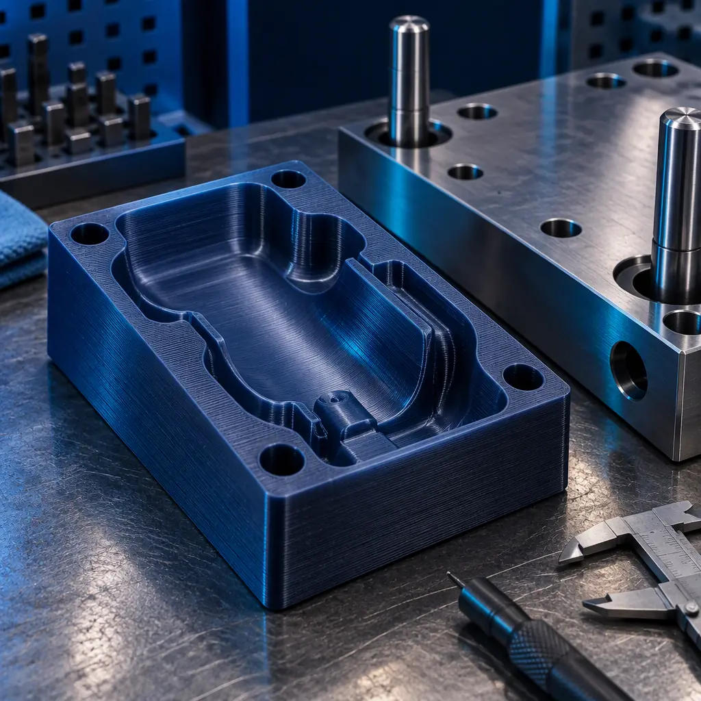 Finished injection moulded parts beside a 3D printed prototype mould on a machine shop bench with ejector pins laid out