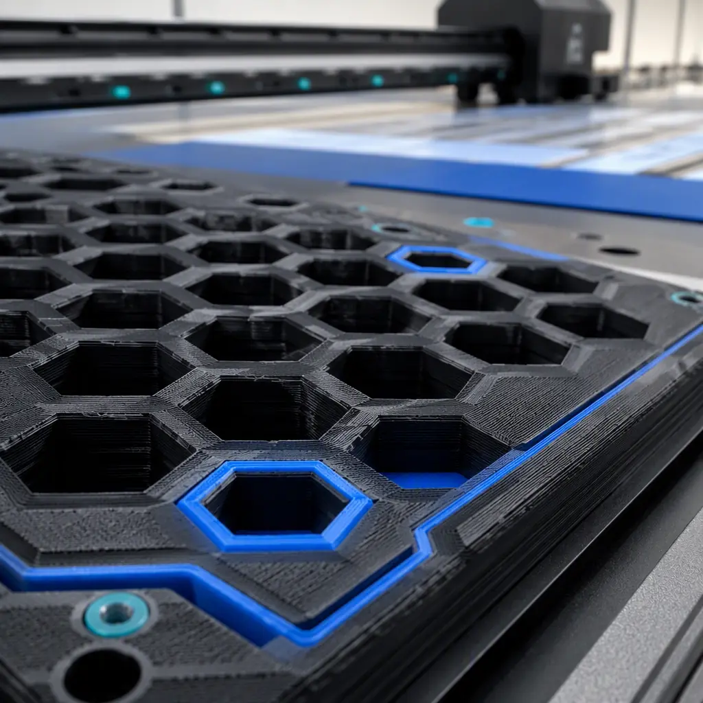 Macro close-up of a 3D printed PA-CF vacuum table insert grid with hexagonal holes next to a wide-format flatbed printer bed in a print shop, photorealistic, no people, no text, no logos