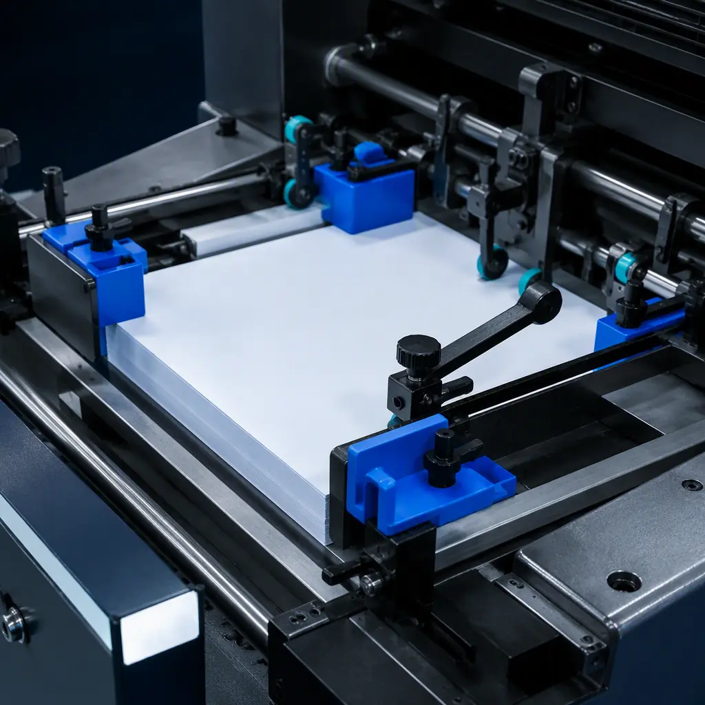 3D printed registration pin blocks and sheet guides installed on a sheet-fed offset press feeder, printed parts visible on the press, photorealistic, no people, no text, no logos