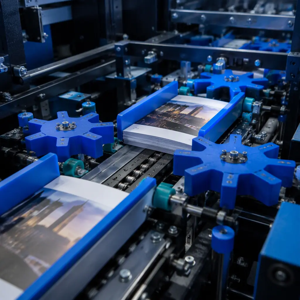 3D printed conveyor guides and star wheels installed on a sheet stacker in a print finishing line, printed parts in place, photorealistic, no people, no text, no logos