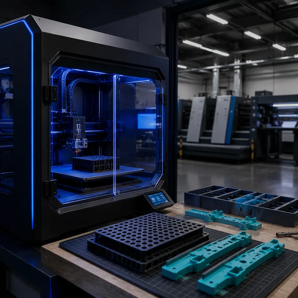 Enclosed 3D printer running in a print shop maintenance room, printed PA-CF vacuum grids and PETG guides on the workbench, pressroom visible in background, photorealistic, no people, no text, no logos