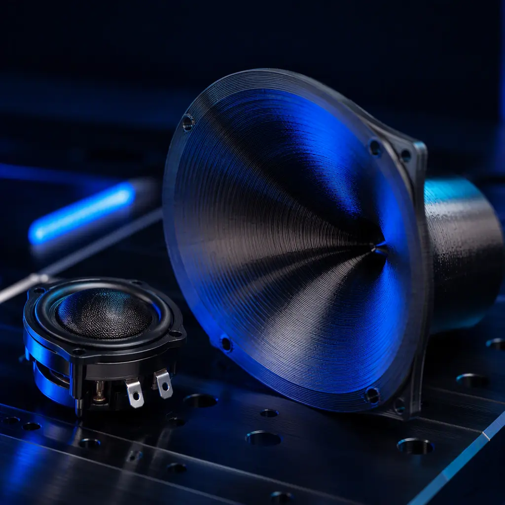 Macro close-up of a 3D printed waveguide horn beside a small tweeter driver on a dark acoustic workbench, smooth contoured flare with visible fine layer lines, precision engineering shot, deep navy ambient with electric blue accent lighting, no text, no logos
