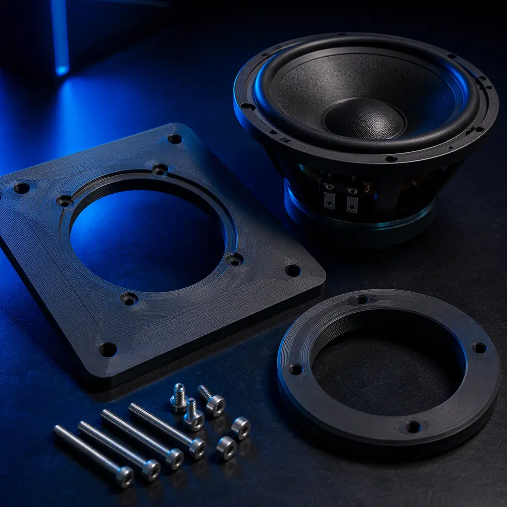 3D printed driver baffle plate and recessed mounting flange laid out on a dark bench with a bare loudspeaker driver and stainless fasteners, cold studio lighting with electric blue accent, deep navy ambient, no text, no logos