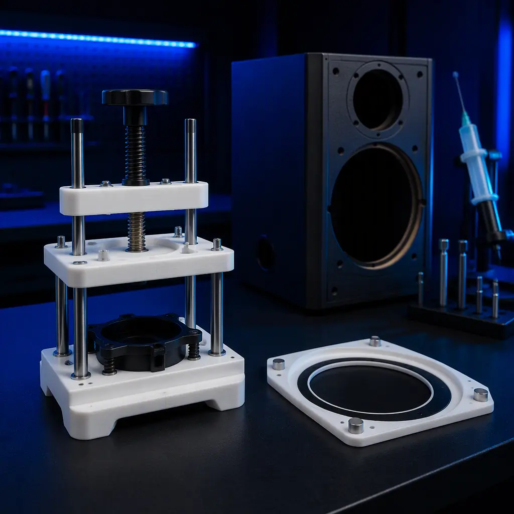 3D printed driver-press assembly jig and glue-application mask on a dark loudspeaker assembly bench, a bare cabinet with a driver being located, clean workshop lighting with electric blue accent, deep navy ambient, no text, no logos