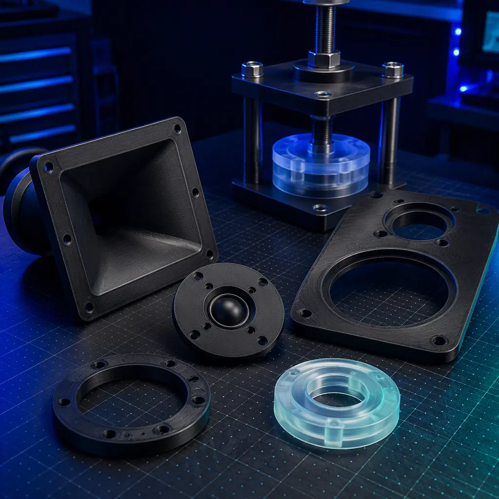 Array of 3D printed loudspeaker parts on a dark bench: waveguide horn, tweeter faceplate, driver baffle plate, mounting flange, driver-press jig, cast in matte black and translucent PETG with a subtle teal brand-free accent, deep navy background, precision engineering lighting, no text, no logos