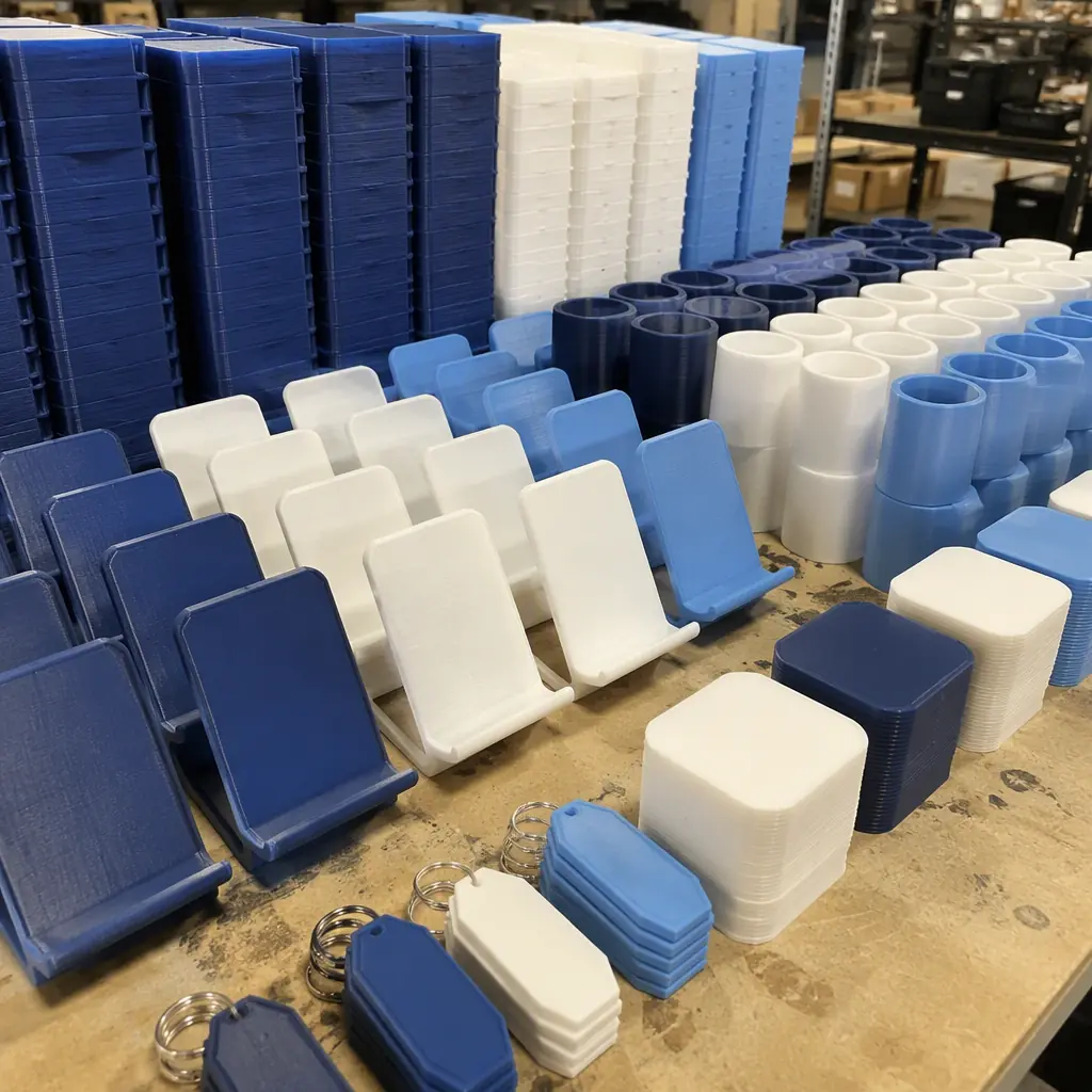 Batch of 3D printed branded phone stands and desk giveaways in brand colors on a warehouse table, hundreds of identical printed items stacked, industrial lighting, photorealistic, no people, no text, no logos