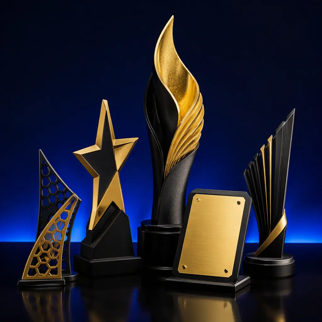 3D printed awards and trophies in black and gold on a dark reflective surface, one plaque with a visible printed name plate, studio product photography with deep navy background, photorealistic, no people, no text, no logos
