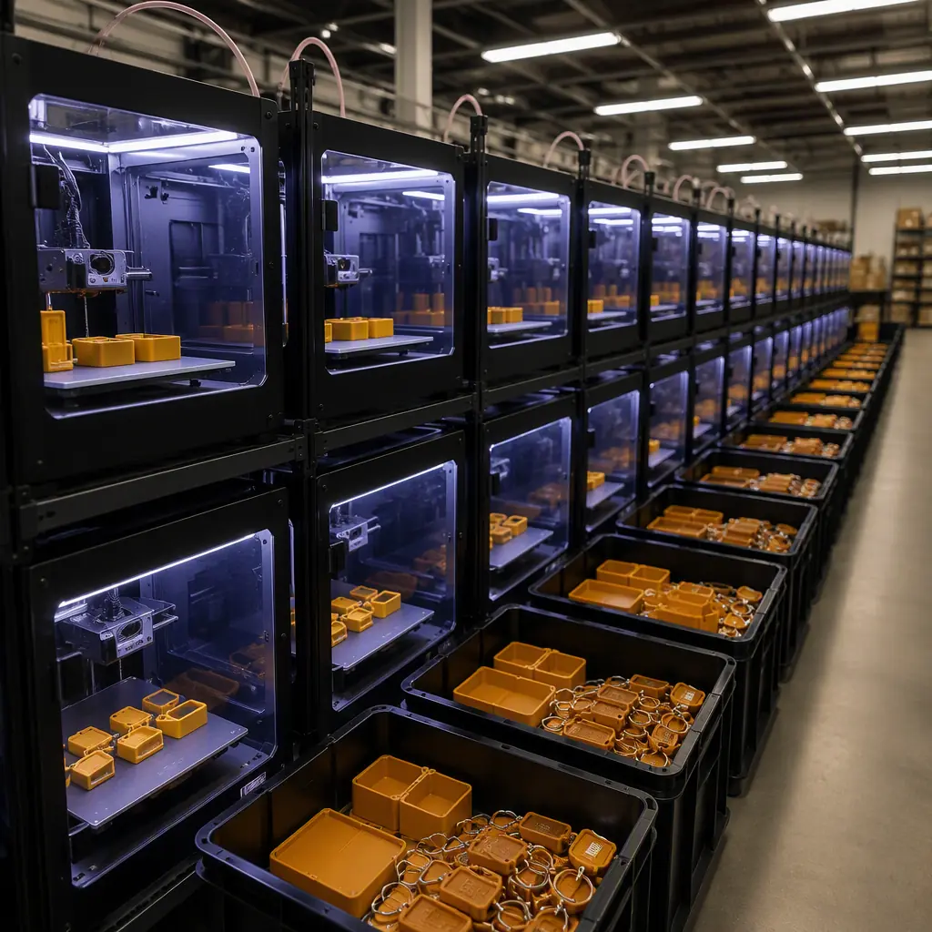 Print farm running rows of 3D printers producing identical branded keychains and desk accessories, LED-lit chambers, finished parts bins, warehouse lighting, photorealistic, no people, no text, no logos