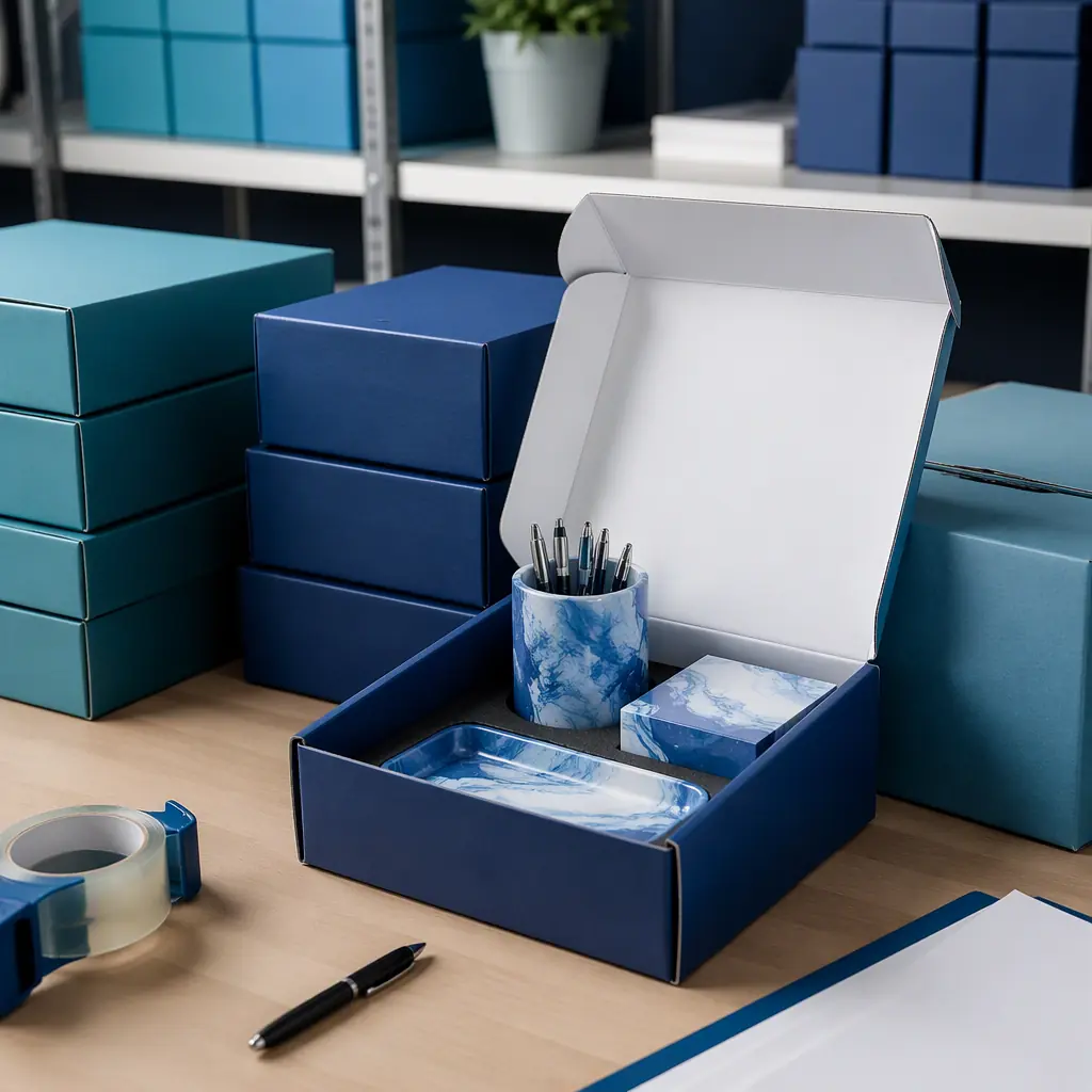 Finished promotional products packaged in brand-colored boxes ready for event delivery, printed desk accessories visible in open box, clean packing station, studio lighting, photorealistic, no people, no text, no logos
