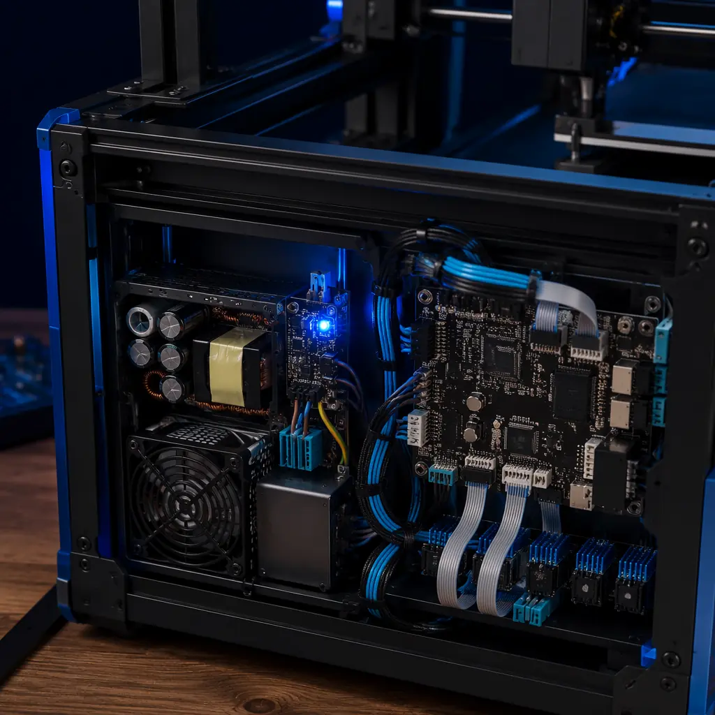 Close-up of certified Mean Well LRS-350 power supply inside an open 3D printer electronics enclosure, certification labels and screw terminals visible, blue LED indicator glowing