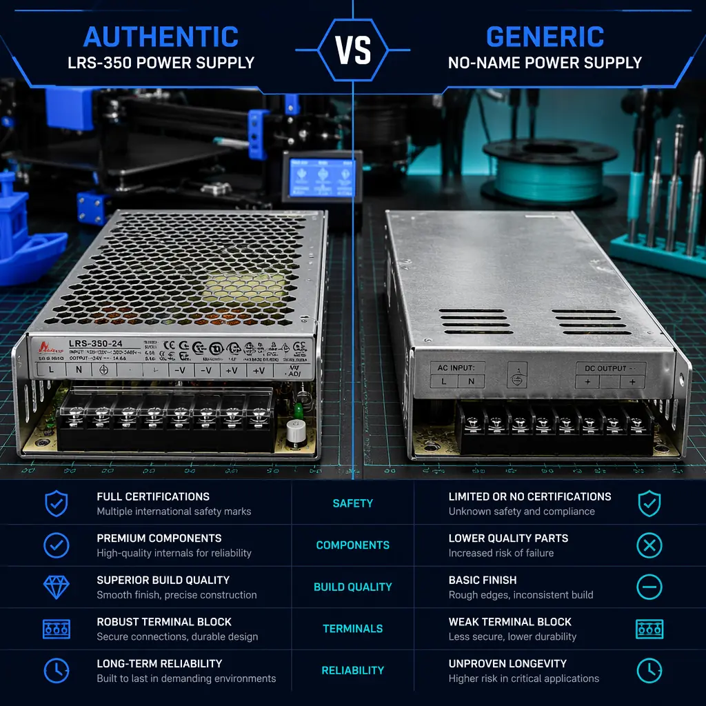 Side-by-side comparison on electronics workbench: genuine Mean Well LRS-350 PSU next to a generic no-name PSU, visible differences in aluminum case finish, terminal block quality, and certification label density