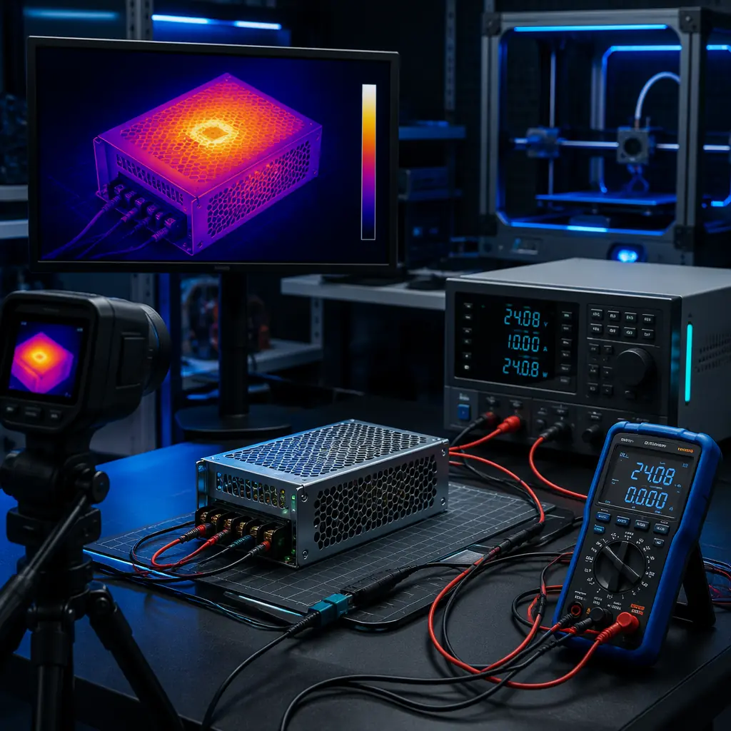 Factory QC testing station with Mean Well PSU connected to electronic load tester, multimeter probes attached to output terminals, thermal camera display showing heat distribution across the PSU enclosure during full-load burn-in test