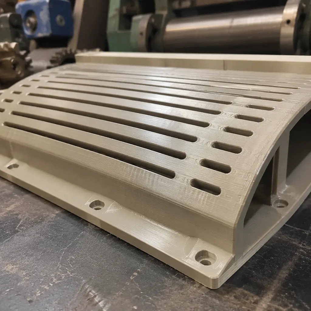 Macro close-up of a 3D printed suction box cover with slot pattern for a paper machine, fine layer lines visible, industrial workshop bench, photorealistic, no people, no text, no logos