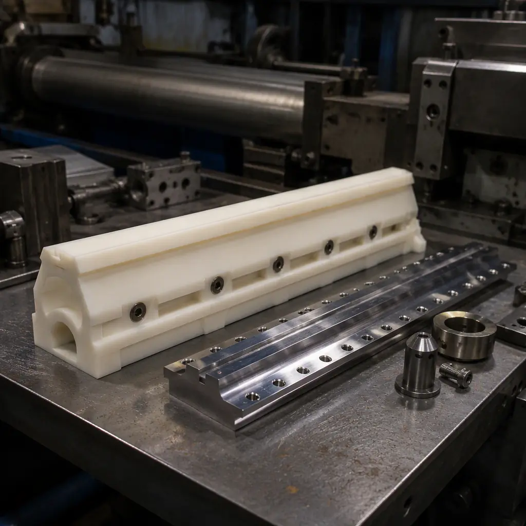 3D printed doctor blade holder and paper machine spare parts on a maintenance workbench, metal machine components in background, industrial lighting, photorealistic, no people, no text, no logos