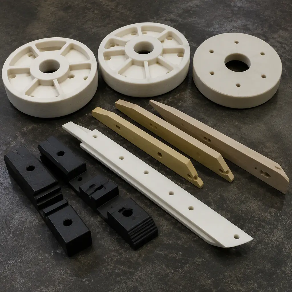 Flat lay of 3D printed paper mill wear parts: felt roll end caps, dewatering blades, guide blocks, on a dark industrial bench, photorealistic, no people, no text, no logos