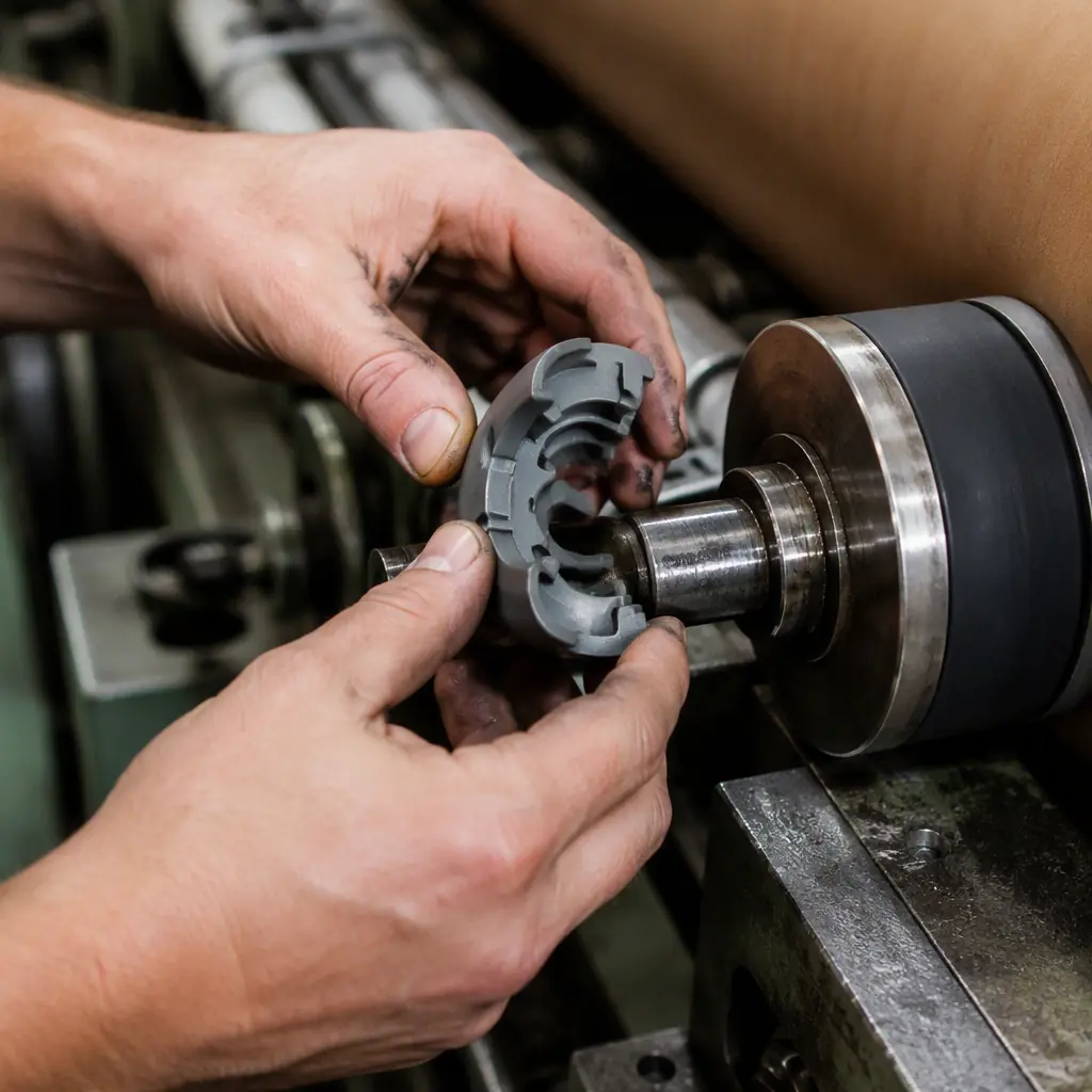 Technician hands fitting a 3D printed replacement part into a paper machine roller assembly, hands only no face, mill floor lighting, photorealistic, no text, no logos