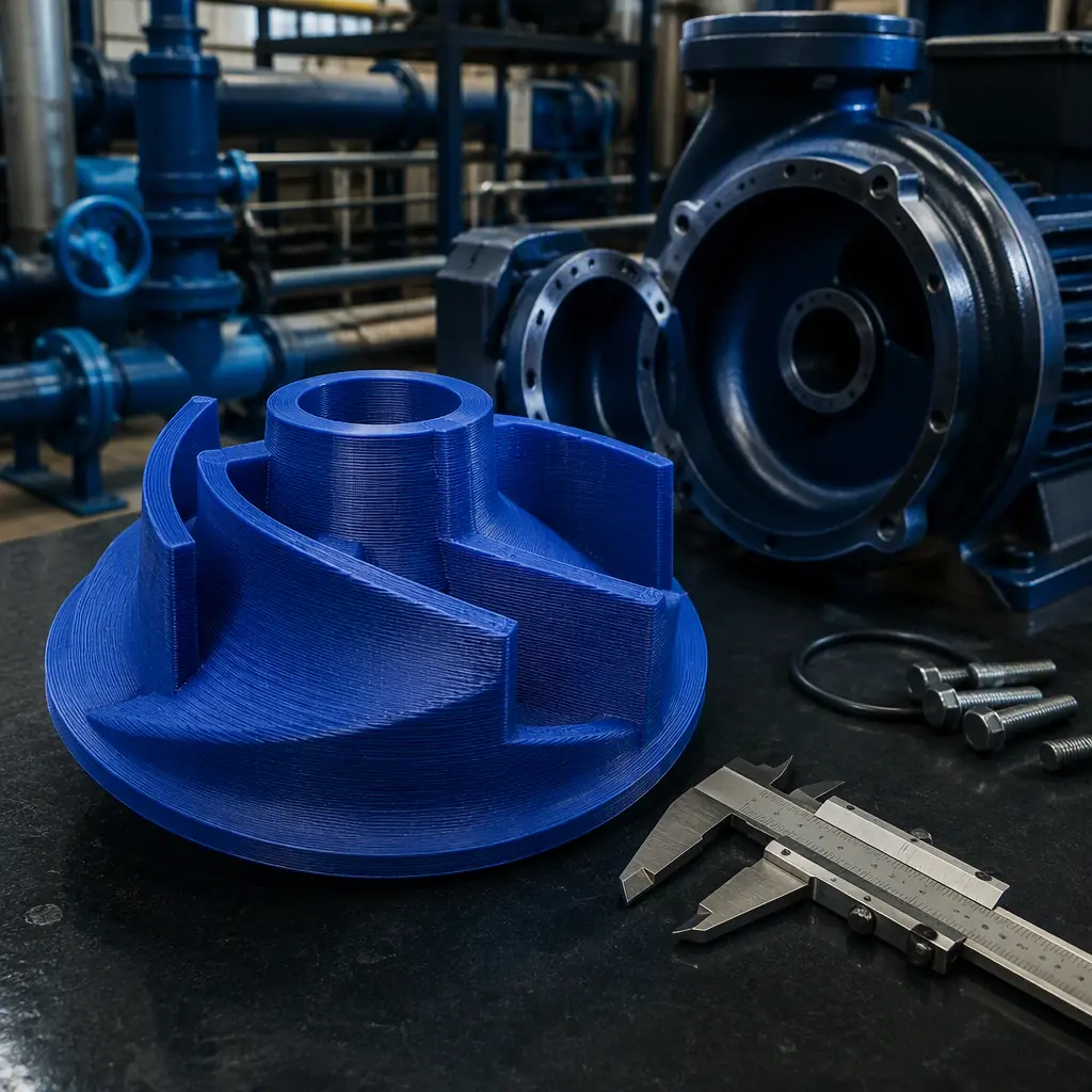 3D printed polypropylene impeller with visible layer lines being inspected next to a disassembled pump volute casing in a municipal pump station workshop, workshop lighting