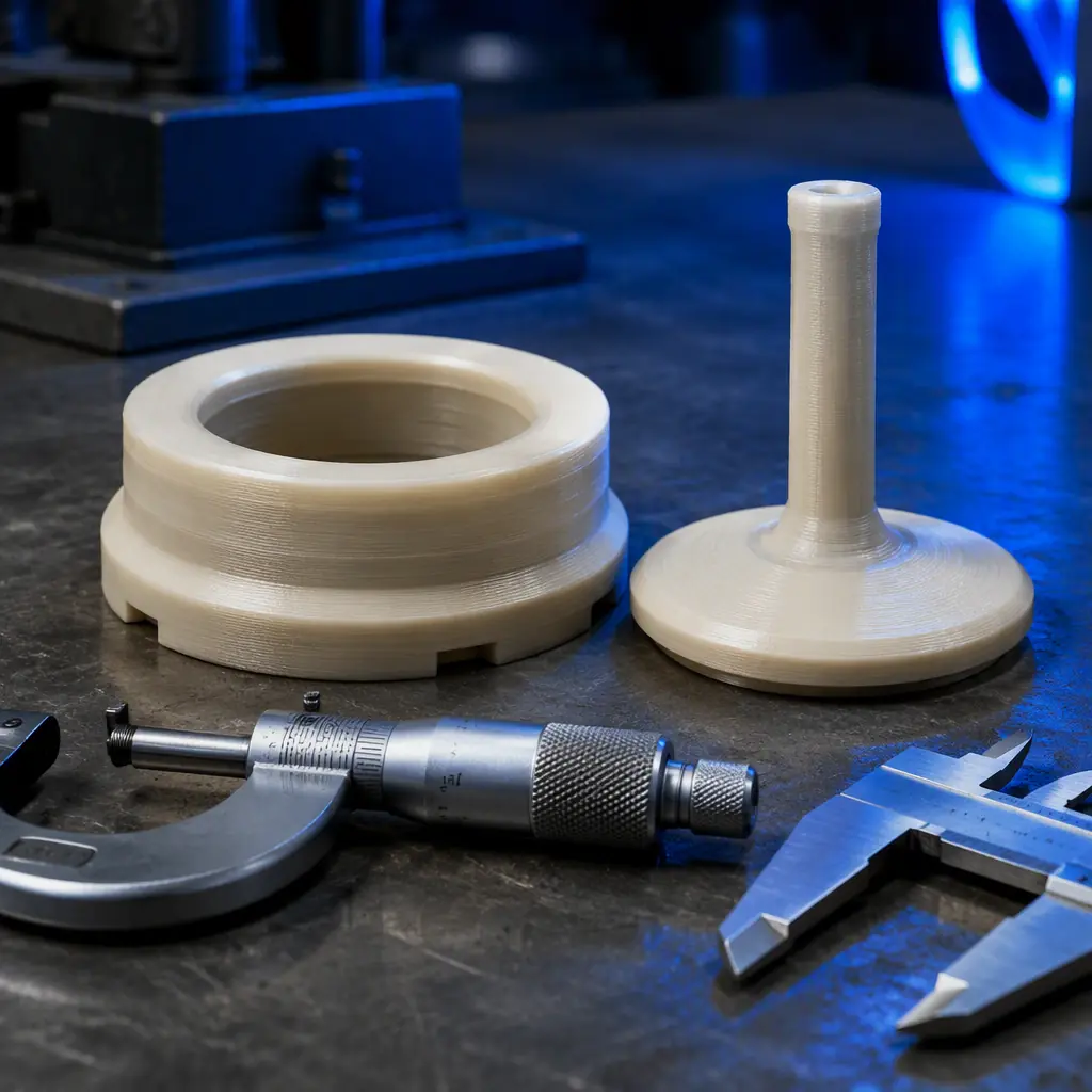 Macro close-up of a 3D printed glass-filled nylon valve seat and disc assembly on a workbench in a valve repair shop, micrometer and calipers beside the parts, workshop lighting