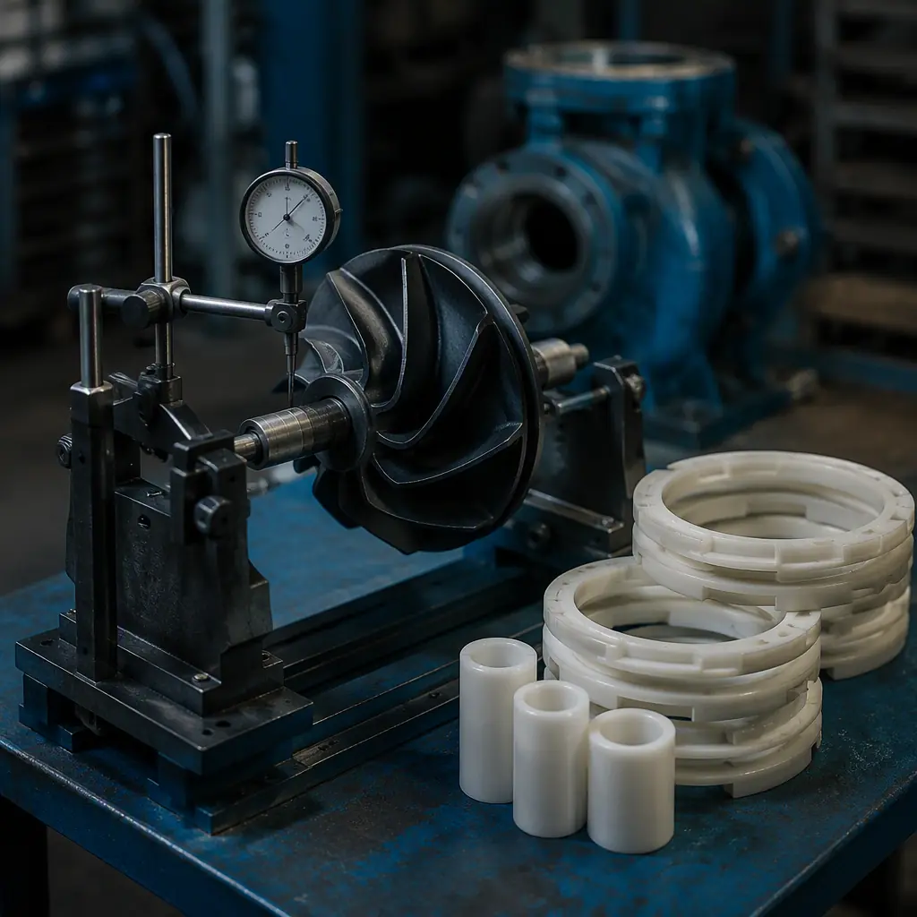 3D printed pump impeller on a balancing fixture with dial gauge in a pump repair workshop, printed wear rings and shaft sleeves arranged beside it, workshop lighting