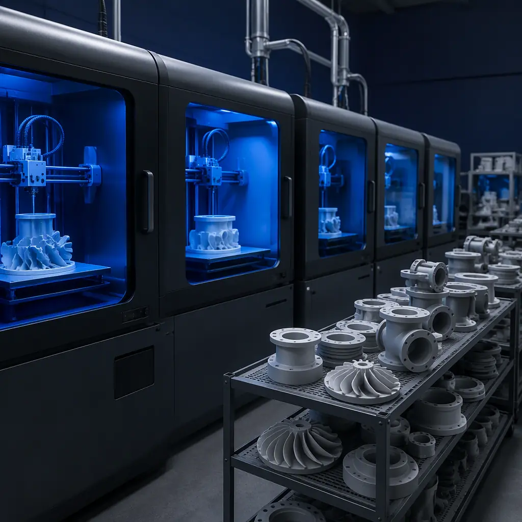 Row of large-format 3D printers printing pump spare parts in an industrial maintenance facility, printed impellers and valve components on shelves, LED-lit chambers, workshop lighting