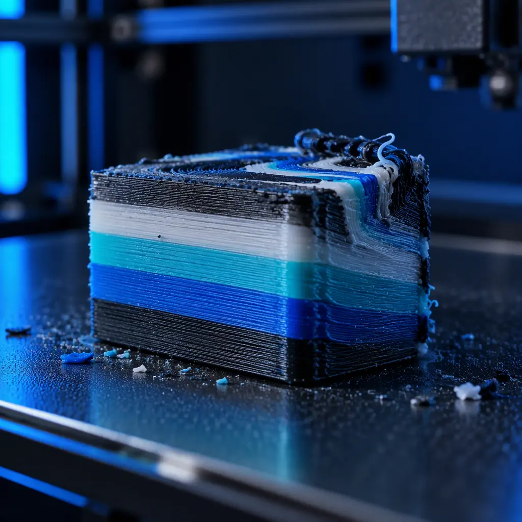 A 3D printer with two filament spools feeding a toolhead, a purge block of discarded material on the build plate beside a finished part, dark industrial workshop, blue accent lighting