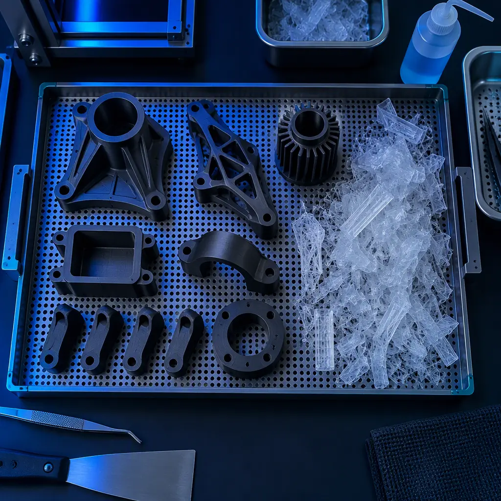 Close-up macro of a discarded purge block of layered 3D printing material on a printer build plate, contrasting colour bands visible in the layered cross section, industrial lighting