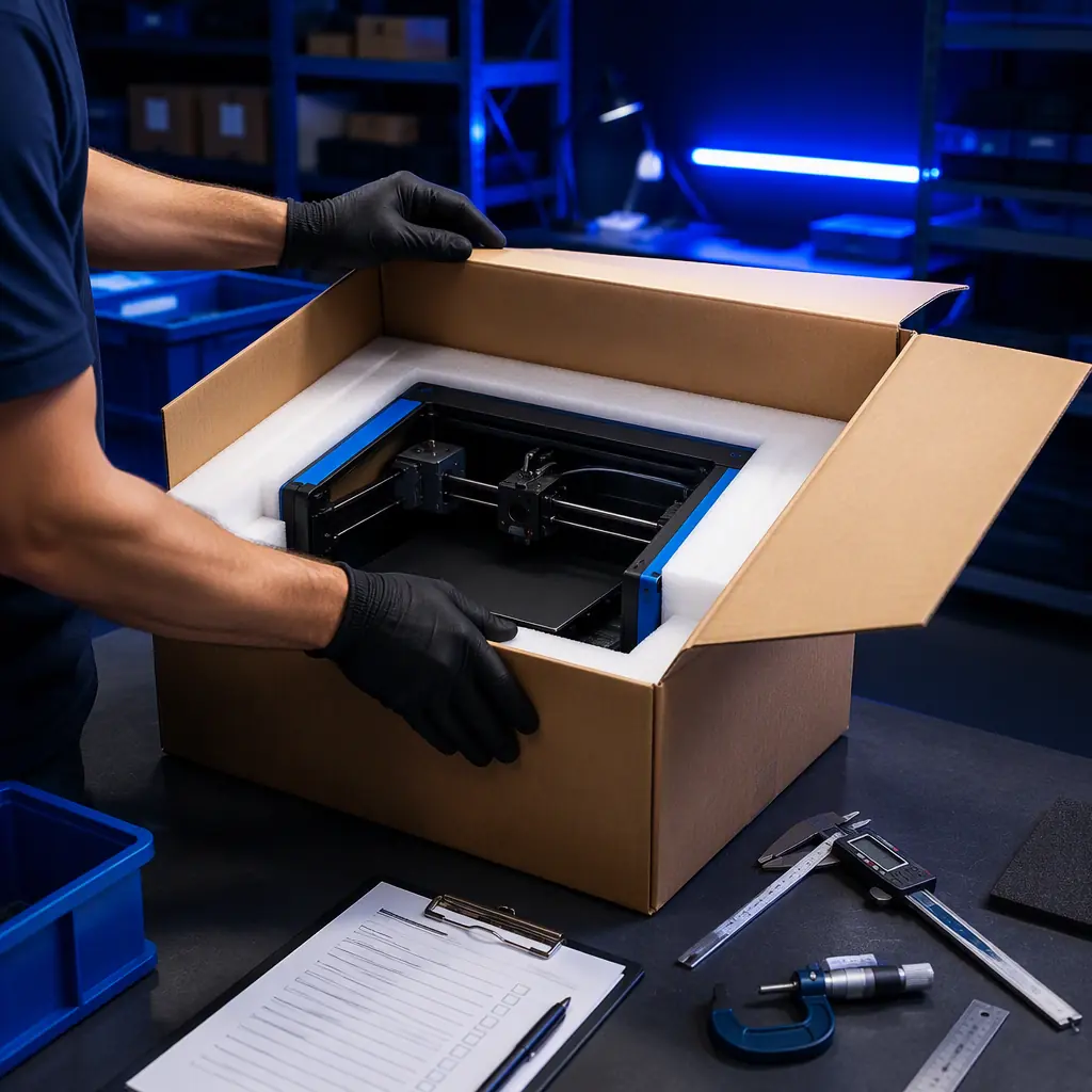 Quality control technician at inspection station opening 3D printer box on workbench, inspection checklist clipboard and measurement tools visible, factory floor or warehouse setting