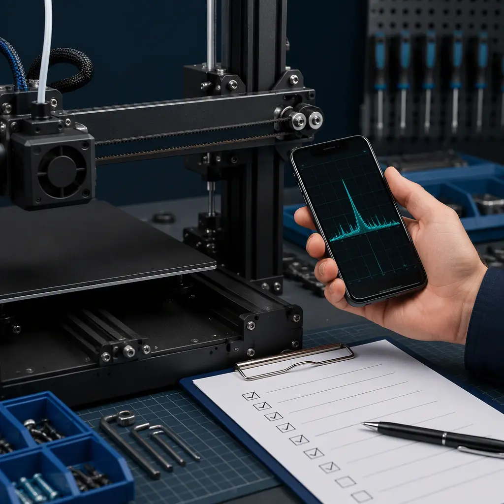 Close-up of 3D printer on inspection bench, technician's hands checking belt tension with spectrum analyzer app on smartphone, printer frame and gantry visible, inspection checklist on clipboard nearby