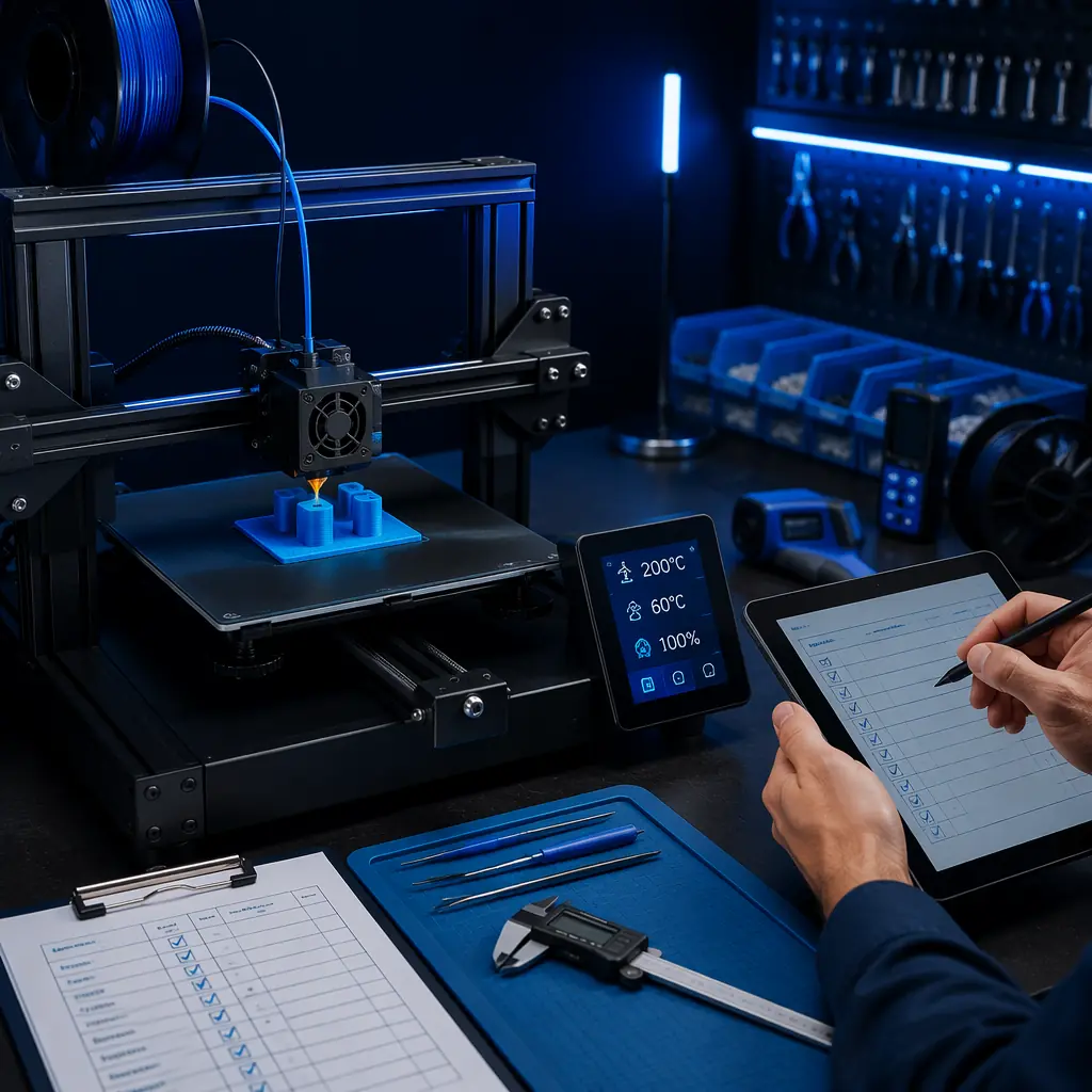 3D printer running functional test on workbench, filament extruding from hotend, temperature display visible on screen, technician logging results on tablet, workshop inspection station setup