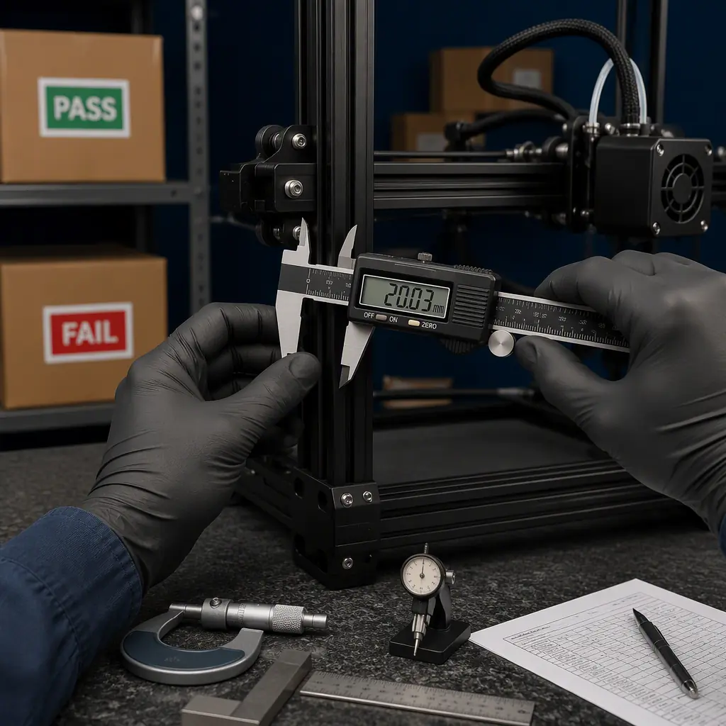 Quality control technician using digital calipers to measure 3D printer frame alignment, inspection station with multiple printers queued for checking, organized warehouse QC area with pass/fail labeling system