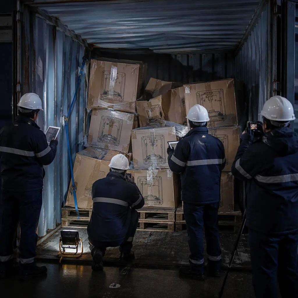 Damaged shipping container interior with shifted 3D printer cartons, warehouse inspection team documenting damage with tablets and cameras, logistics incident response setting