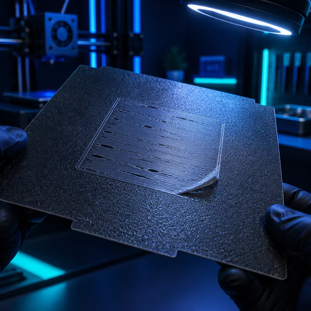 Photograph of a 3D printer build plate with a failed multi-part print, spaghetti filament and partially detached parts, under cool workshop lighting