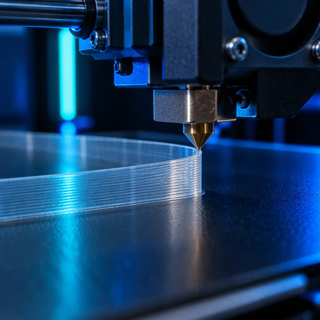 Photograph of a 3D printer build plate held up under inspection light, showing a first layer patch with visible gaps and an edge that has lifted