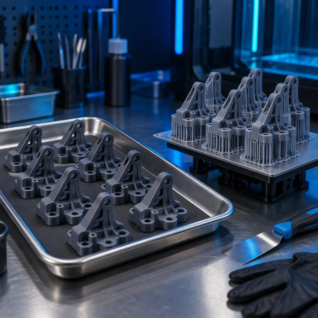 Photograph of several finished 3D printed parts on a workshop tray beside a build plate carrying the same parts still attached, under neutral industrial lighting