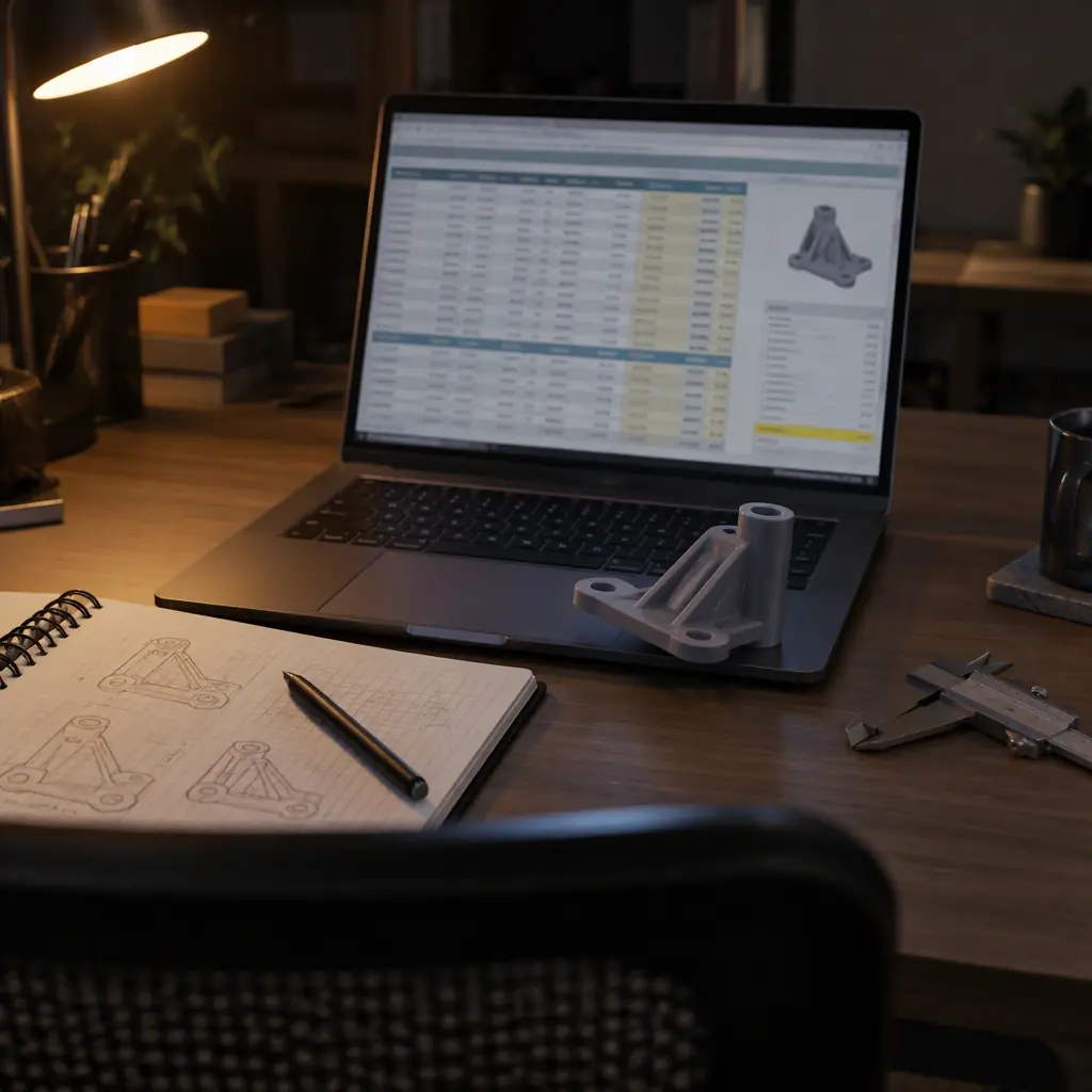 Engineering office desk with a large monitor showing a sliced 3D model, a caliper, a printed sample part and a printed job traveller sheet, warm desk lighting against a dark room