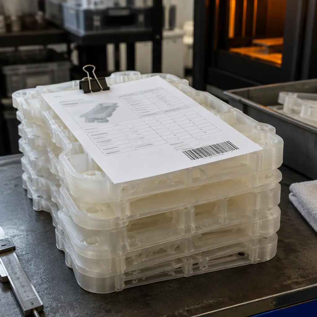 Close-up of a printed job traveller clipped to a stack of translucent 3D printed parts on a workbench, barcode and lot fields visible on the sheet, soft industrial light