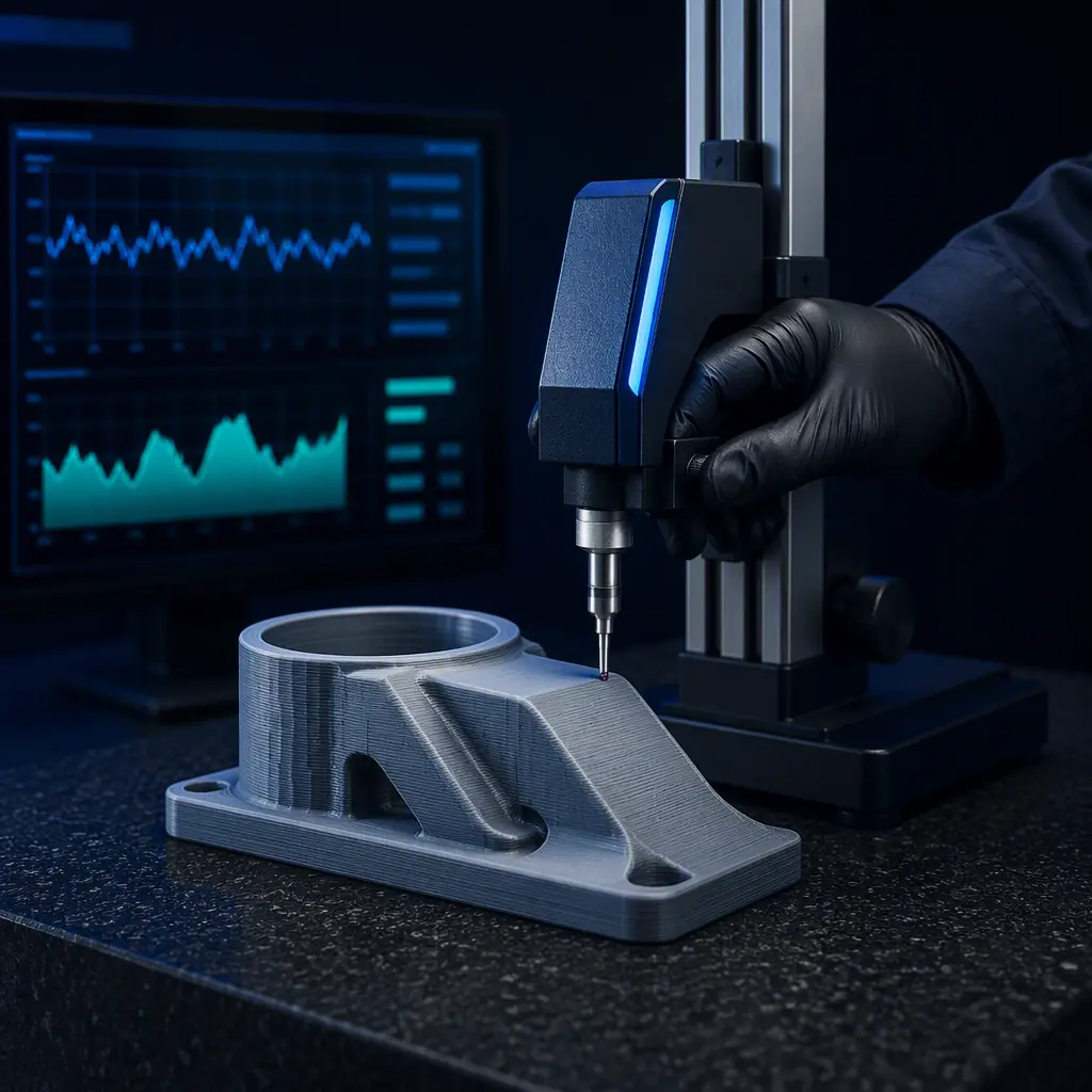 Technician running a surface profilometer stylus across a printed part on a granite surface plate, no face visible, measurement theme