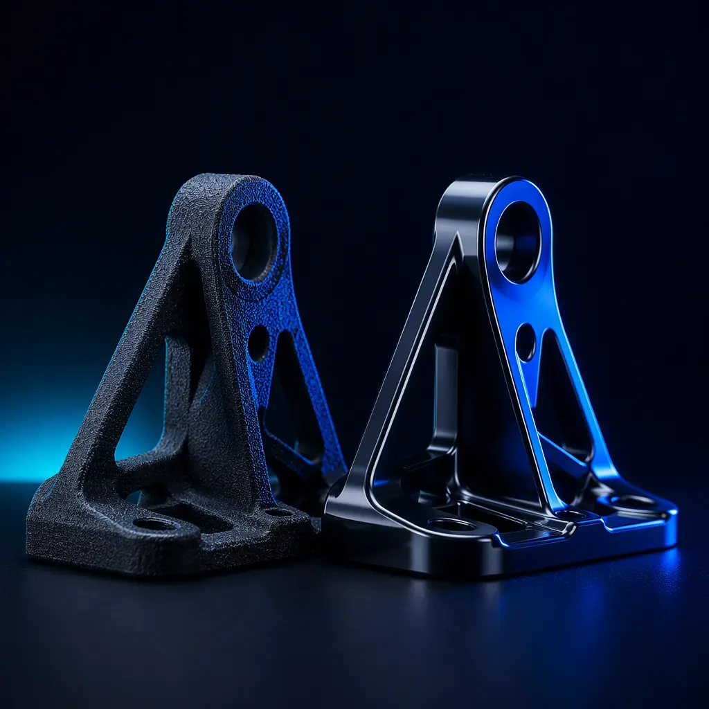 Side-by-side printed parts with contrasting surface finishes, one rough matte and one smooth polished, on a dark surface under studio lighting