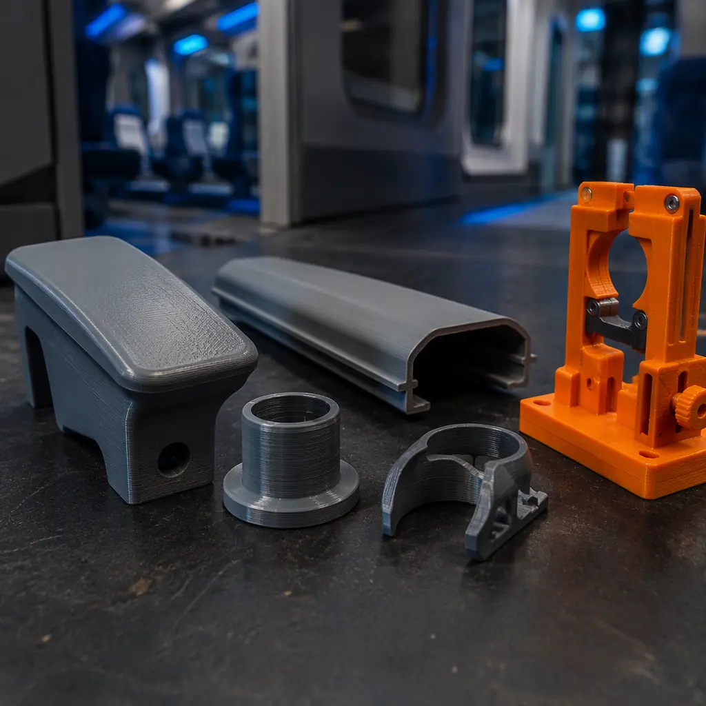 Array of 3D printed railway parts on dark workshop bench — seat armrest cap in flame-retardant PC blend, cable duct cover, door mechanism bushing, window trim clip, inspection jig in orange PETG, all with visible layer lines, macro product photography, train carriage interior blurred in background