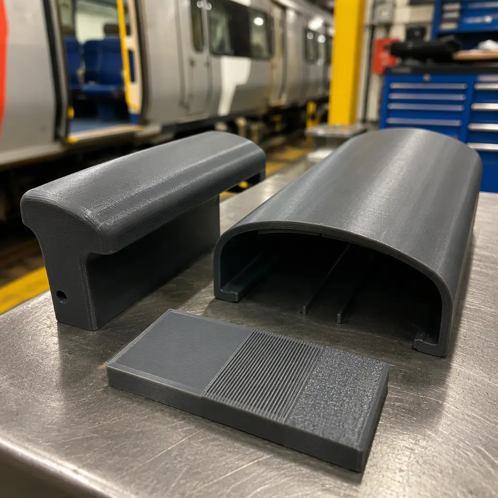 Close-up of 3D printed flame-retardant rail interior parts with certification datasheet beside them on a depot workbench — seat armrest cap and cable cover in dark gray FR PC blend, printed test coupon, document with flame rating table visible, train maintenance depot background