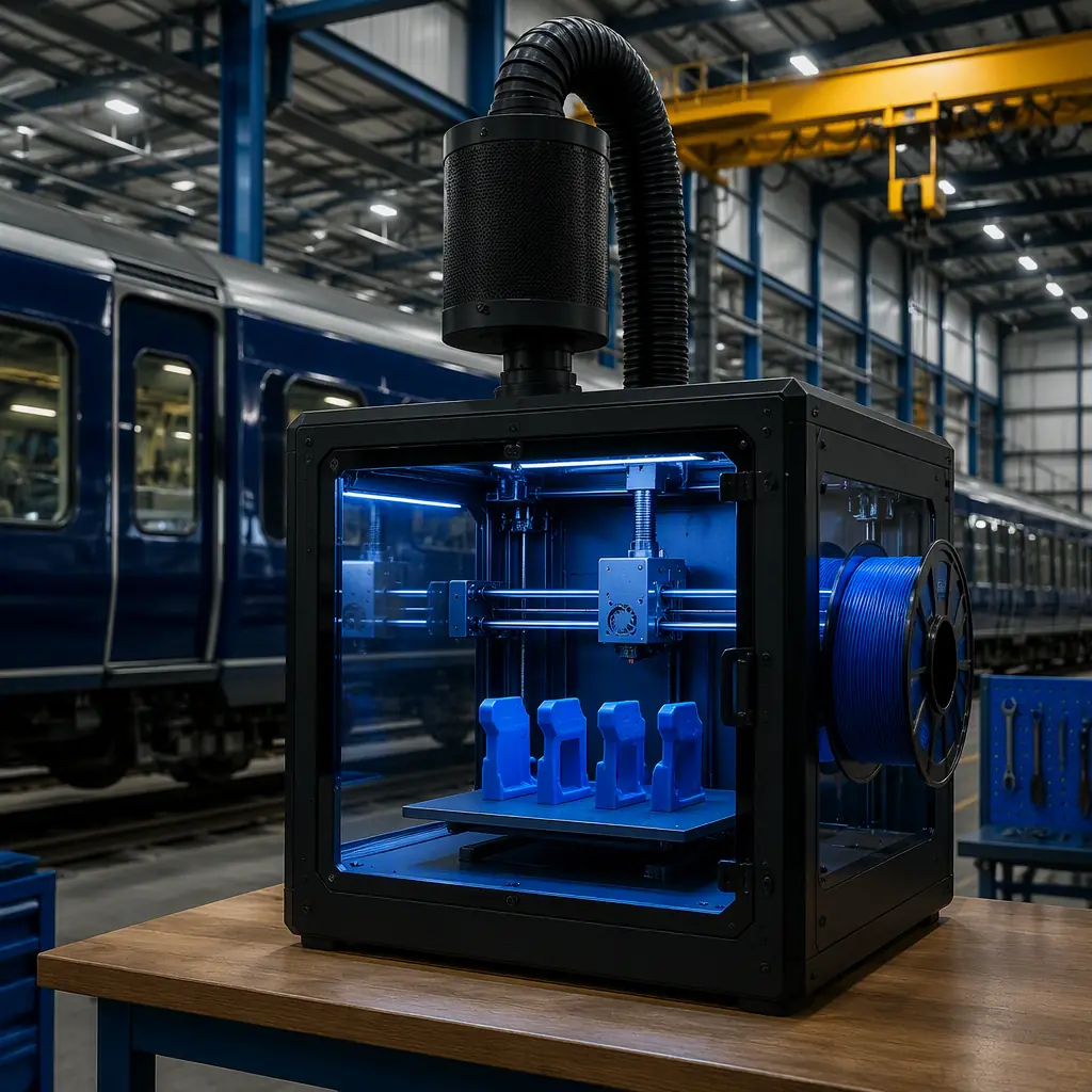 Enclosed 3D printer with carbon filter ventilation on a workbench inside a railway maintenance depot, flame-retardant filament spool mounted, printed seat trim parts on build plate, train carriage and overhead crane visible in background, industrial high-bay lighting