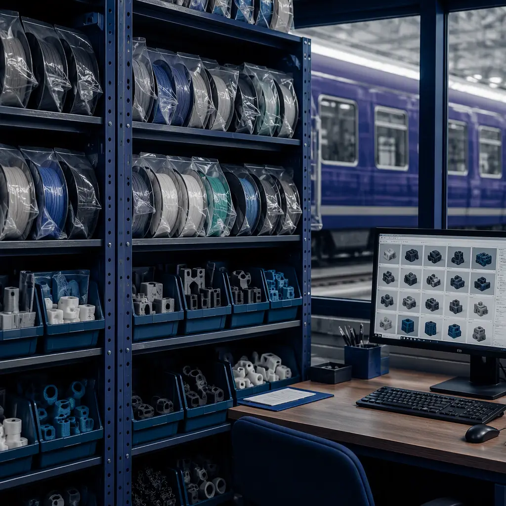 Organized filament storage and parts shelf in a railway depot engineering office, flame-retardant filament spools in sealed bags with labels, printed spare parts in labeled bins, part file library on a monitor, train window visible in background, clean professional setting