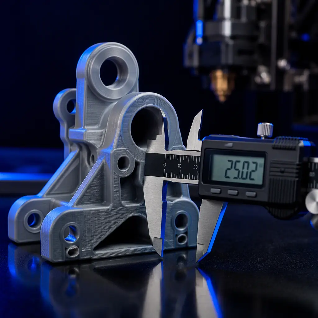 Close-up of a complex 3D printed mechanical part produced on RatRig V-Core 4, showing clean overhangs and tight tolerances, digital caliper measuring a critical dimension