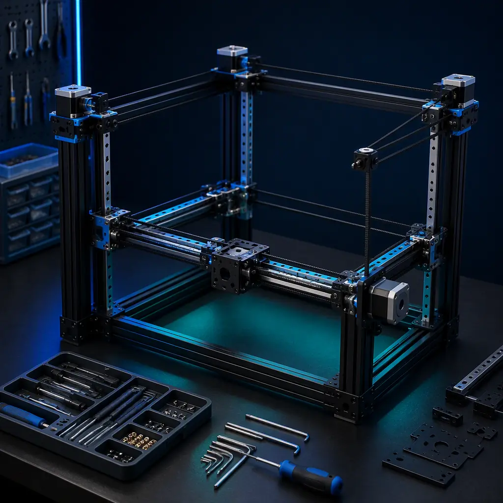 Partially assembled RatRig V-Core 4 3D printer on a clean workbench, aluminum extrusion frame with linear rails and CoreXY belt path visible, tools and components organized nearby